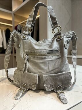 Massimo Gray Faux Leather Hobo Shoulder Bag Multi Pocket Slouchy Purse